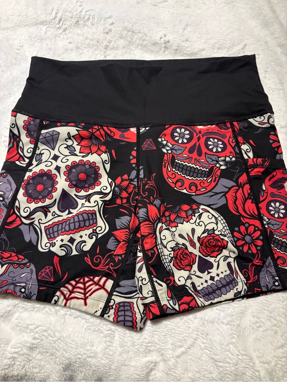 CVG Women’s Skull Print High-Waist Athletic Shorts - Black & Red - size Medium